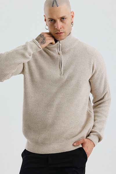 MADZEYMODA Ανδρικό πλεκτό πουλόβερ με μισό φερμουάρ Premium πλεκτό πέτρα μπεζ Mz62001