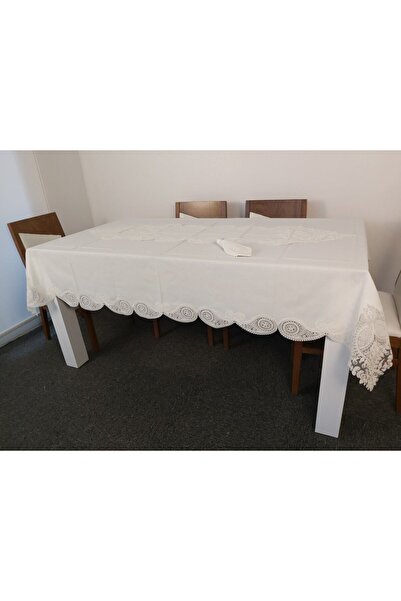 bursa çeyiz Luxury Cream Lace Table Set for 12 People - Tablecloth with Ranir (26 Pieces)