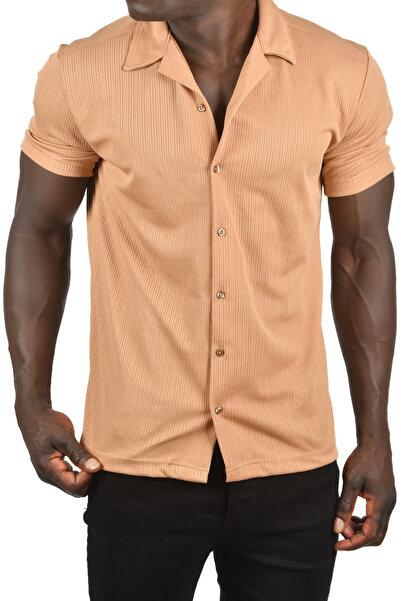 DeepSEA Ανδρικό κοντομάνικο πουκάμισο σε μπεζ λεπτή γραμμή Lycra με κουμπιά 2201889