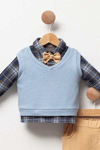 Cassiope Plaid Patterned Shirt with Bow Tie, Jumpers and Elastic Waist Pants for Baby Boy - 4 Piece Set