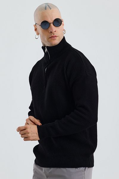MADZEYMODA Мъжки плетен пуловер с половин цип, голям размер, първокласен, черен, Mz62001