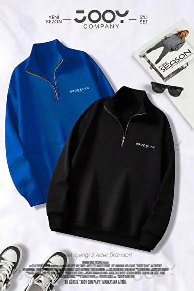 Jooy Company سويت شيرت بروكلين جي سي نصف سحاب أسود - ساكس أزرق مكون من قطعتين