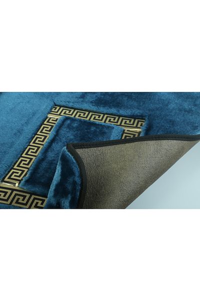 FeelHome Σετ χαλάκι μπάνιου Ultra Luxury 2 τεμαχίων - Αντιολισθητική βάση Meram, Λεπτομέρεια από απορροφητικό δέρμα, μπλε & χρυσό