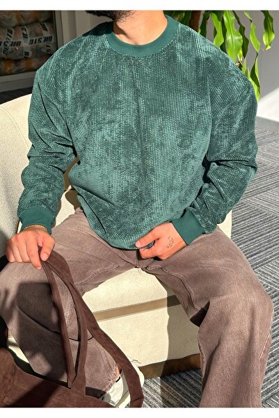 Hazhers Ανδρικό φούτερ με ριγέ βελούδο - Crew Neck