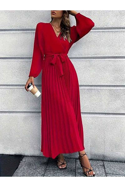 Kokosh moda Women's Pleat Detailed Belted Long Sleeve Imported Crepe Dress