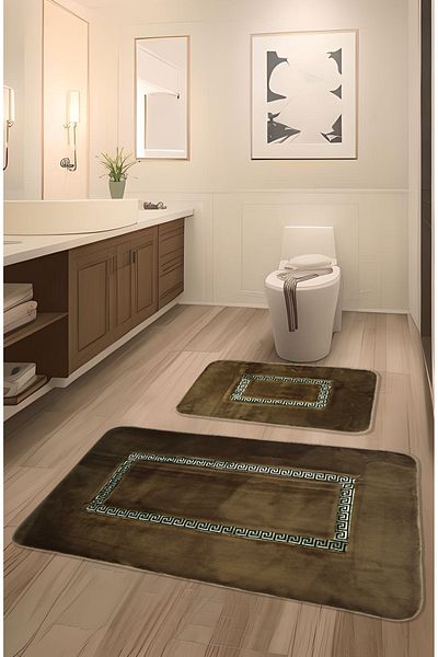 FeelHome Σετ πατάκι μπάνιου Ultra Luxury 3 τεμαχίων - Αντιολισθητική βάση Meram, Λεπτομέρεια από απορροφητικό δέρμα, καφέ & χρυσό