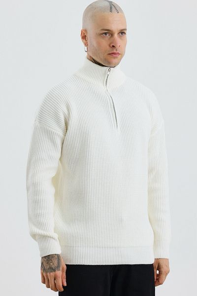 MADZEYMODA Ανδρικό πλεκτό λευκό πλεκτό πουλόβερ με μισό φερμουάρ Premium Mz62001