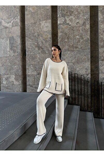 dignus طقم سترة صوفية كبيرة الحجم بتفاصيل جيب وياقة وخصر عالي وبنطلون واسع ال...