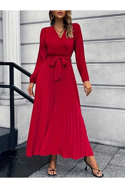 Kokosh moda Women's Pleat Detailed Belted Long Sleeve Imported Crepe Dress