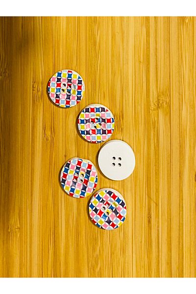 Kartopu Decorative Painted Wooden Button 23 Mm. Pack of 5. Checkerboard Pattern.