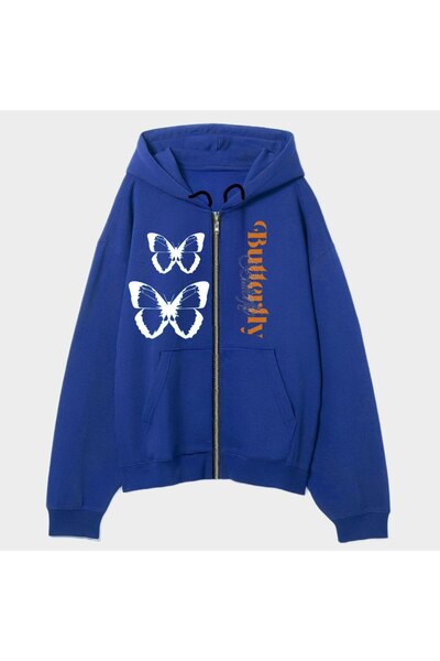 MAYDAY CULTURE سترة صوفية بغطاء للرأس وسحاب باللون الأزرق للجنسين - سترة Y2K ...