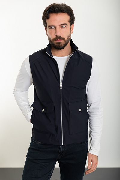 Mcr Plain Navy Blue Slim Fit Bag Pocket Judge Collar Men's Vest