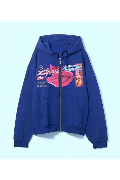 MAYDAY CULTURE Lady Gaga Mavi Regular Fit Düz Kesim Unisex Ceket Kapşonlu  Fermuarlı Sweatshirt Hırka Y2K Grunge