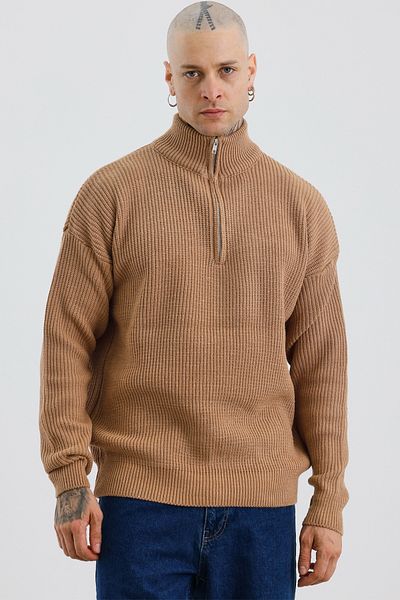 MADZEYMODA Мъжки плетен пуловер с половин цип, висок клас, цвят бисквита, Mz62001