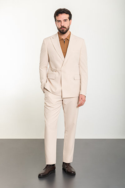 Mcr Straight Slim Fit Wide Collar Belted Men's Suit Beige - 45315.24Y