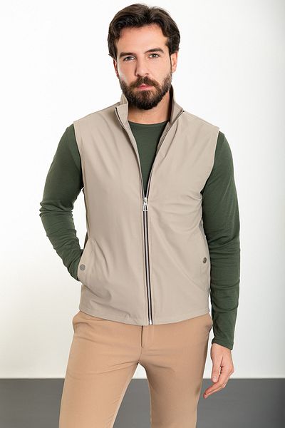Mcr Plain Beige Slim Fit Judge Collar Men's Vest
