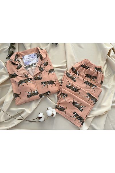 belse butik Tiger Patterned Suede Fabric Pajama Set - Sude