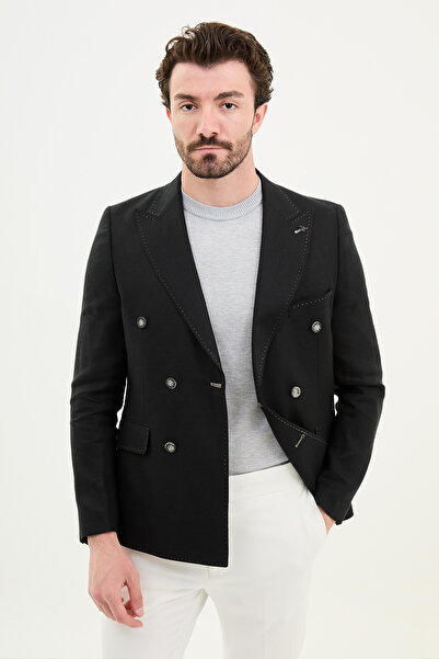 Mcr Straight Slim Fit Wide Collar 100% Linen Kruvze Men's Jacket Black - 40385.24Y