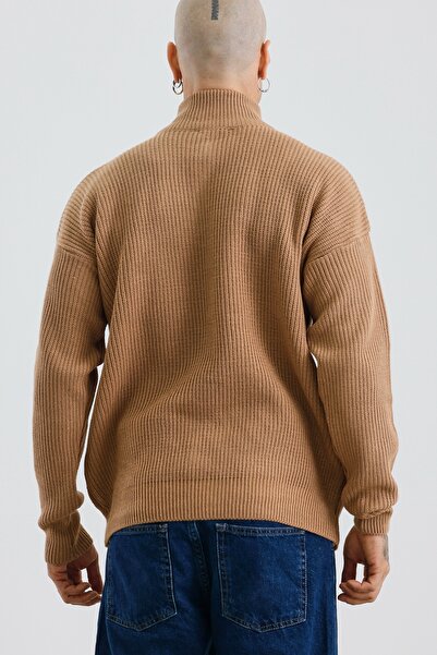 MADZEYMODA Ανδρικό πλεκτό πουλόβερ με μισό φερμουάρ Premium πλεκτό μπισκότο χρώματος Mz62001
