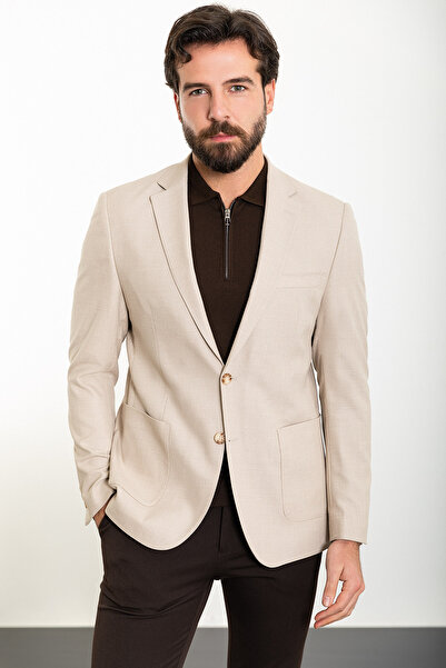 Mcr Чорно-білий Slim Fit Сумка Кишеня Моно Комір Чоловічий Піджак Світло-бежевий - 40367.24Y