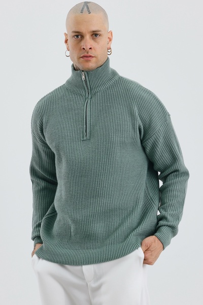 MADZEYMODA Men's Oversize Half Zip Premium Knitted Green Knitwear Sweater Mz62001