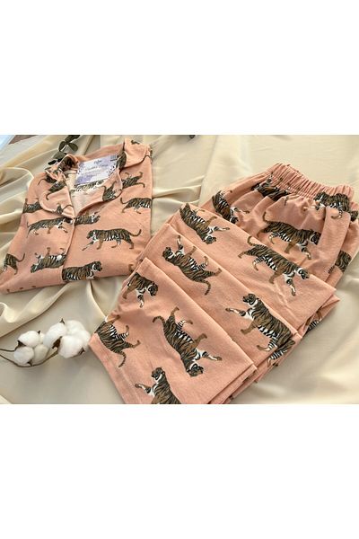 belse butik Tiger Patterned Suede Fabric Pajama Set - Sude