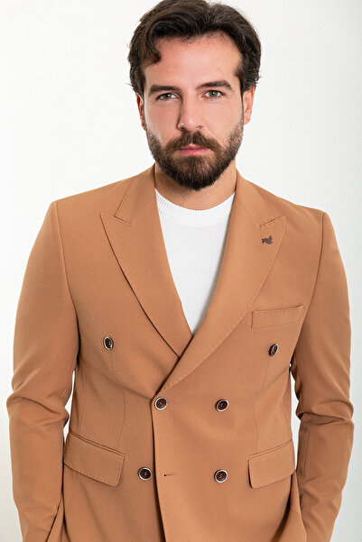 Mcr Straight Slim Fit Wide Collar Double Breasted Men's Jacket Dark Beige - 40363.24Y