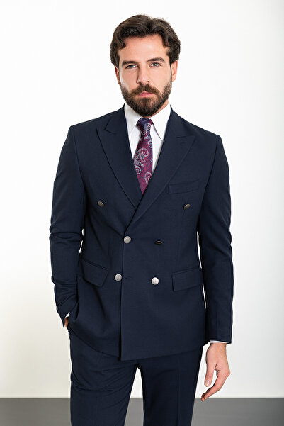 Mcr Plain Navy Blue Slim Fit Wide Collar Double Breasted Men's Suit