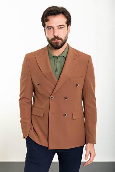 Mcr Прямий Slim Fit Широкий комір Круазе Чоловічий піджак Камел - 40363.24Y