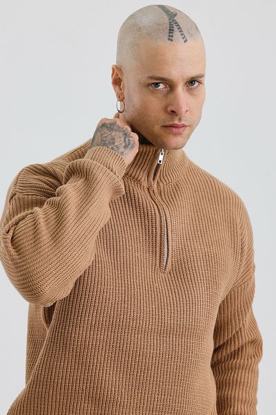 MADZEYMODA Мъжки плетен пуловер с половин цип, висок клас, цвят бисквита, Mz62001