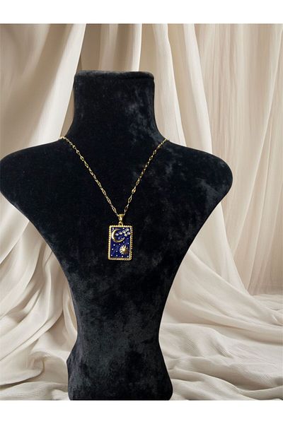 Çalıkaksesuar Night Blue Sun Star and Hilal Patterned Tarot Necklace