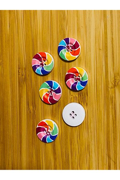 Kartopu Painted Decorative Wooden Button 18 Mm. Pack of 6. Wind Rose Patterned.