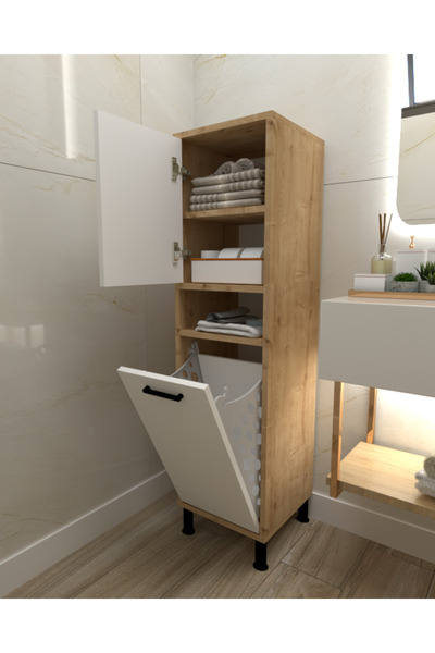 Home Mobiga Linda Çamaşır Sepetli Çok Amaçlı Banyo Dolabı Safirmeşe-beyaz