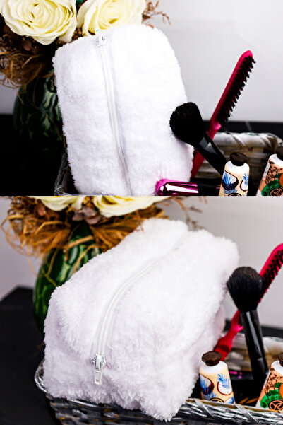 EVCAZIM Welsoft White Fur Plush Makeup Bag