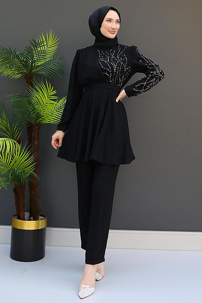 GİZ AGİYİM Black Single Arm Jewelled Set