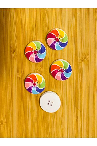 Kartopu Decorative Painted Wooden Button 23 Mm. Pack of 5. Wind Rose Patterned.