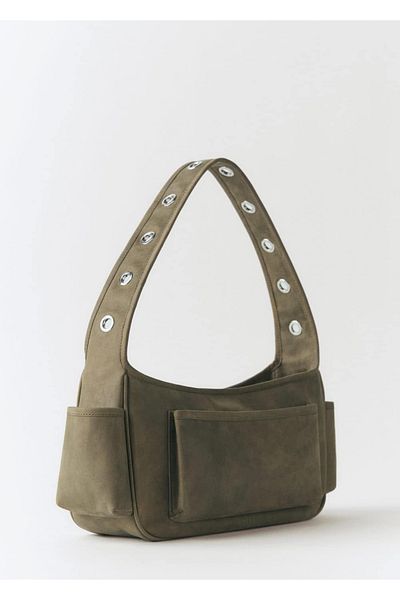 MANGO Woman Leather Bag with Staples and Pockets