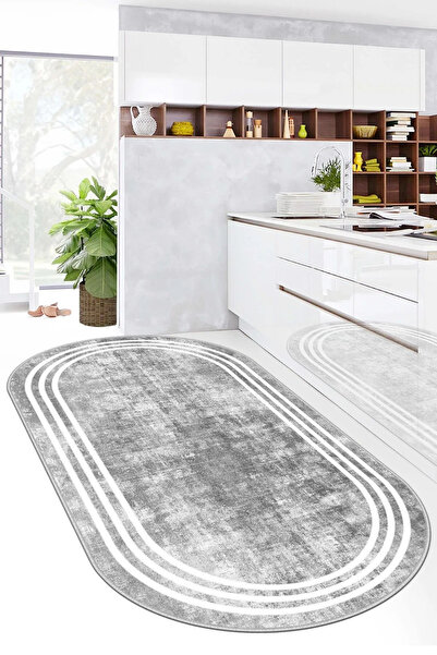 krm dünya ürünleri OVAL GRİ BANYO MUTFAK YOLLUK Tay Tüyü Hisli Halı