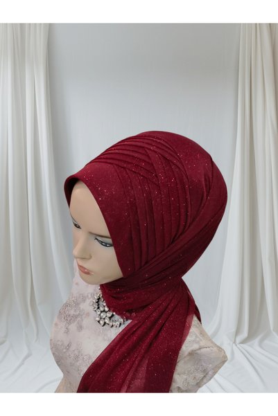 NurAy Silvery Burgundy 4Pcs Crossing Ready Turban Ready Wrap Evening Dress Wrap