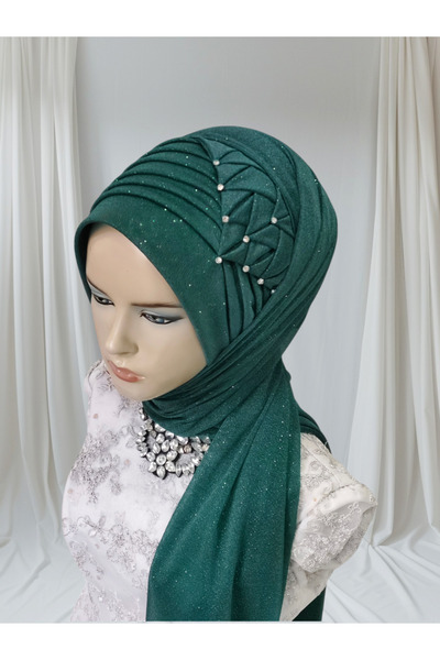 NurAy Zümrüt yeşili Zehra model taş detaylı hazır türban hazır şal abiye şal