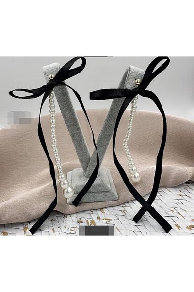 mos&more Long Brand Women's Earrings with Ribbon Pearls