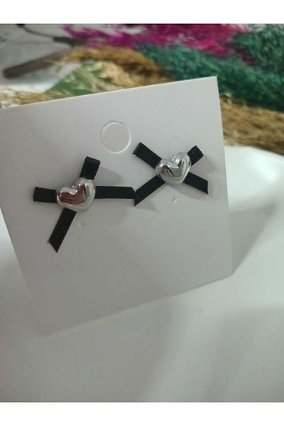 mos&more Silver Heart Small Women's Earrings with Black Ribbon