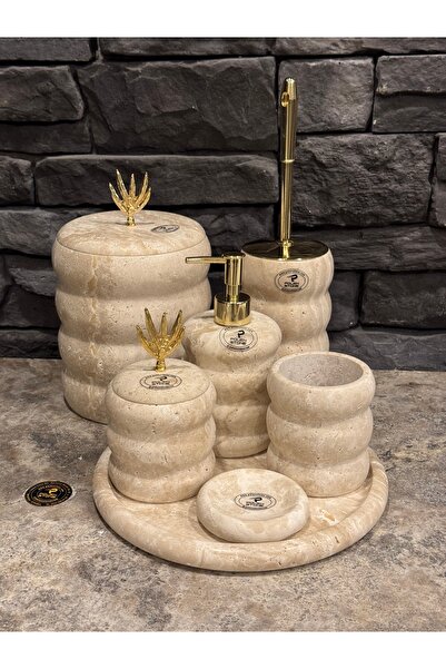 Polen Stone Light Traverten Doğal Taş Aksesuarlı Bambu Model Oval 7,li Banyo ...