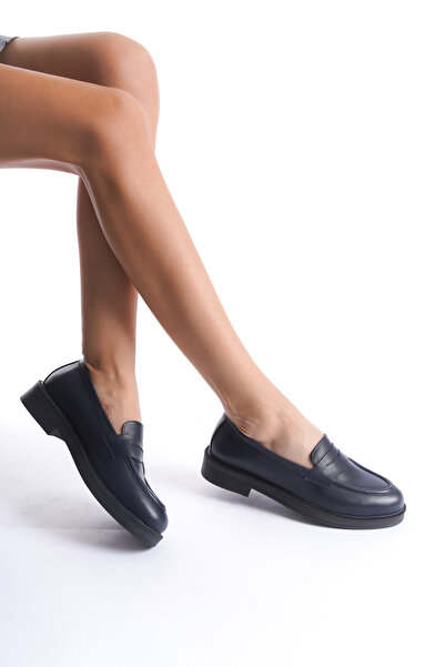 Deassa Hakiki Deri Lacivert Cilt Loafer Kadın Ayakkabı