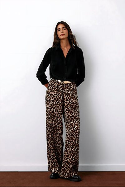 Sateen Beli Lastikli Leopar Desenli Pantolon - Kahve