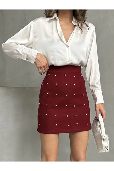 Ecenin Favorileri Fusta mini din piele intoarsa burgundy