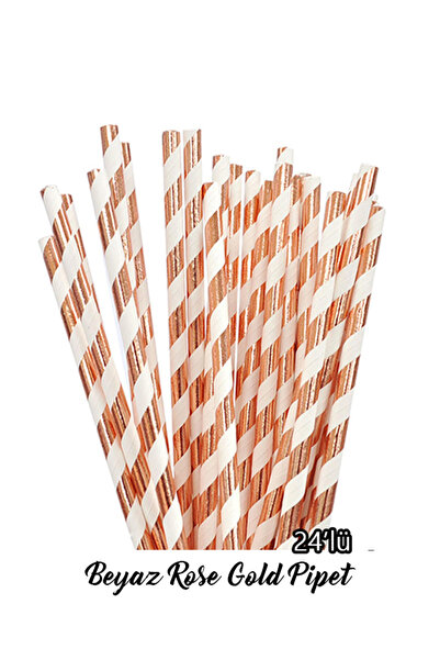 parti pera Beyaz RoseGold Kağıt Pipet 24 Adet