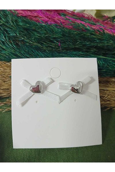 mos&more Silver Heart Women's Earrings with White Ribbon