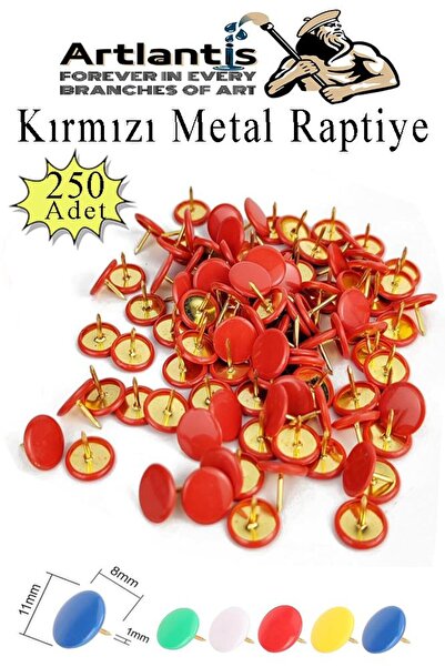 Artlantis Kırmızı Raptiye 250 Adet 1 Paket Renkli Pvc Kaplı Başlıklı Raptiye Plastik Yuvarlak Düğmeli Raptiye