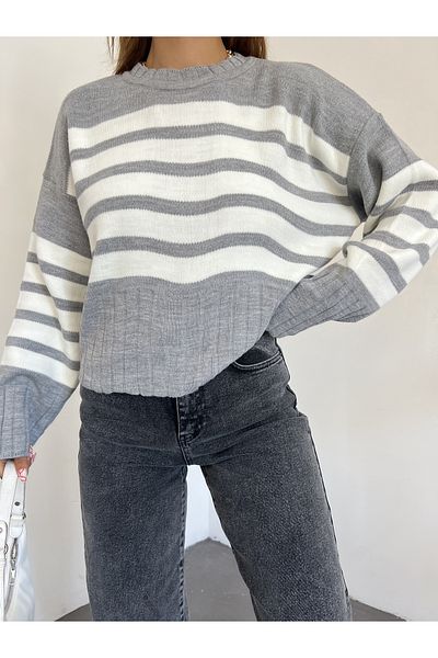 Jose Clothing Pulover de damă cu tricot cu mânecă lungă în dungi